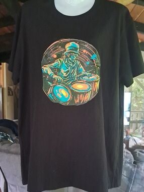 Black Graphic Drum Player T-Shirt - Neon Blue & Orange Design